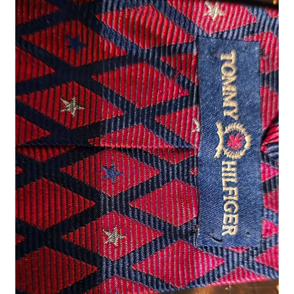 Vintage Repp Necktie Tommy Hilfiger Silk Red &‎ Black Diamond Star Men